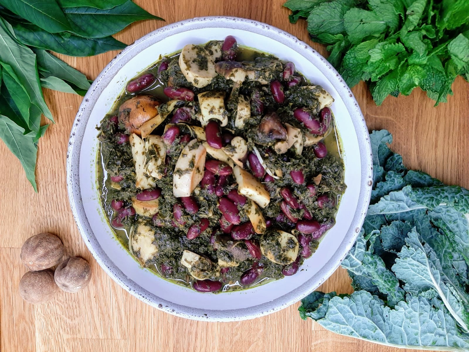Ghormeh Sabzi w Exotic Mushrooms, Red Kidney Beans & Persian Lime