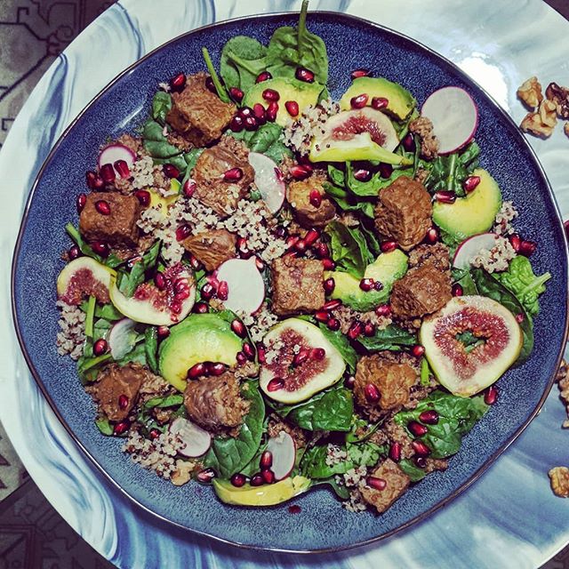 Tempeh, Quinoa Salad With Figs and Silky Walnut & Pomegranate Sauce